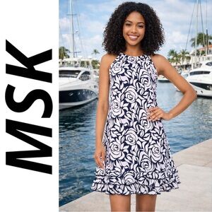 MSK Women’s White & Grey Embellished Printed Sleeveless A-Line Dress, Large, EUC